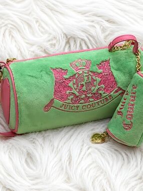 Juicy Couture Choose Scottie Dog Barrel Bag Set Retro Green Pink Velour Y2K Smal
